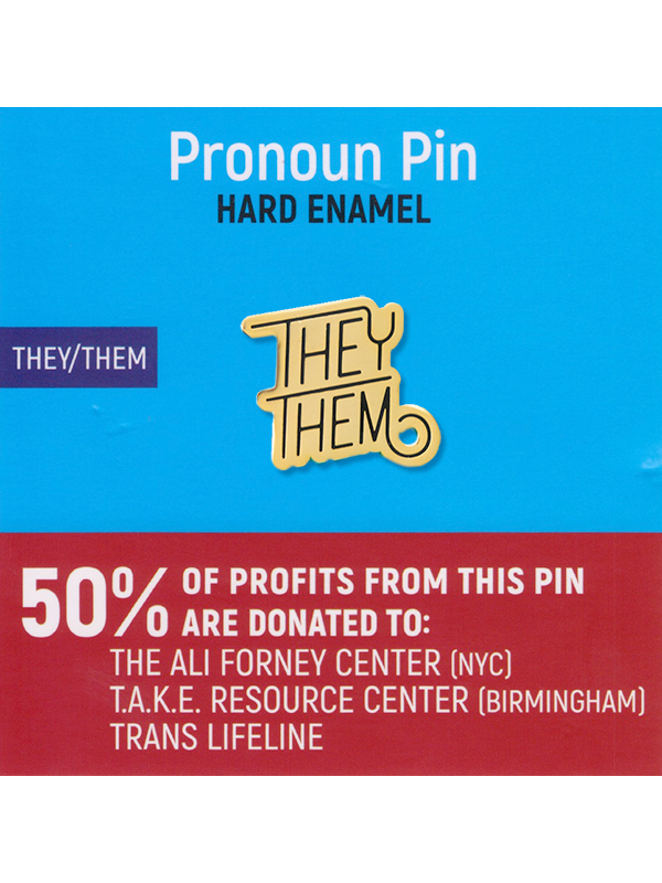Pronoun pin, hard enamel, they/them. Dissent Pins donates 50% of their profits from this pin to: T.A.K.E. Resource Center (Birmingham), The Ali Forney Center (NYC), and The Trans Lifeline.